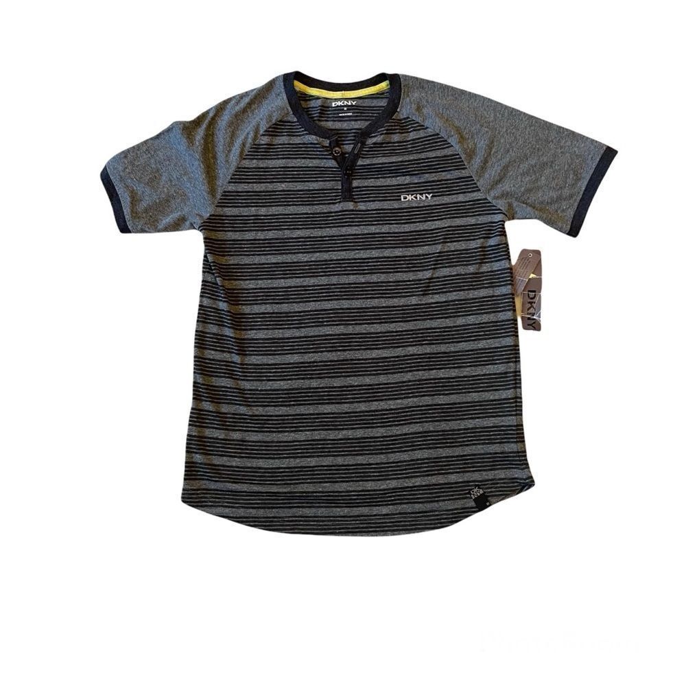 DKNY gray and black striped boys shirt with 2 buttons. NWT